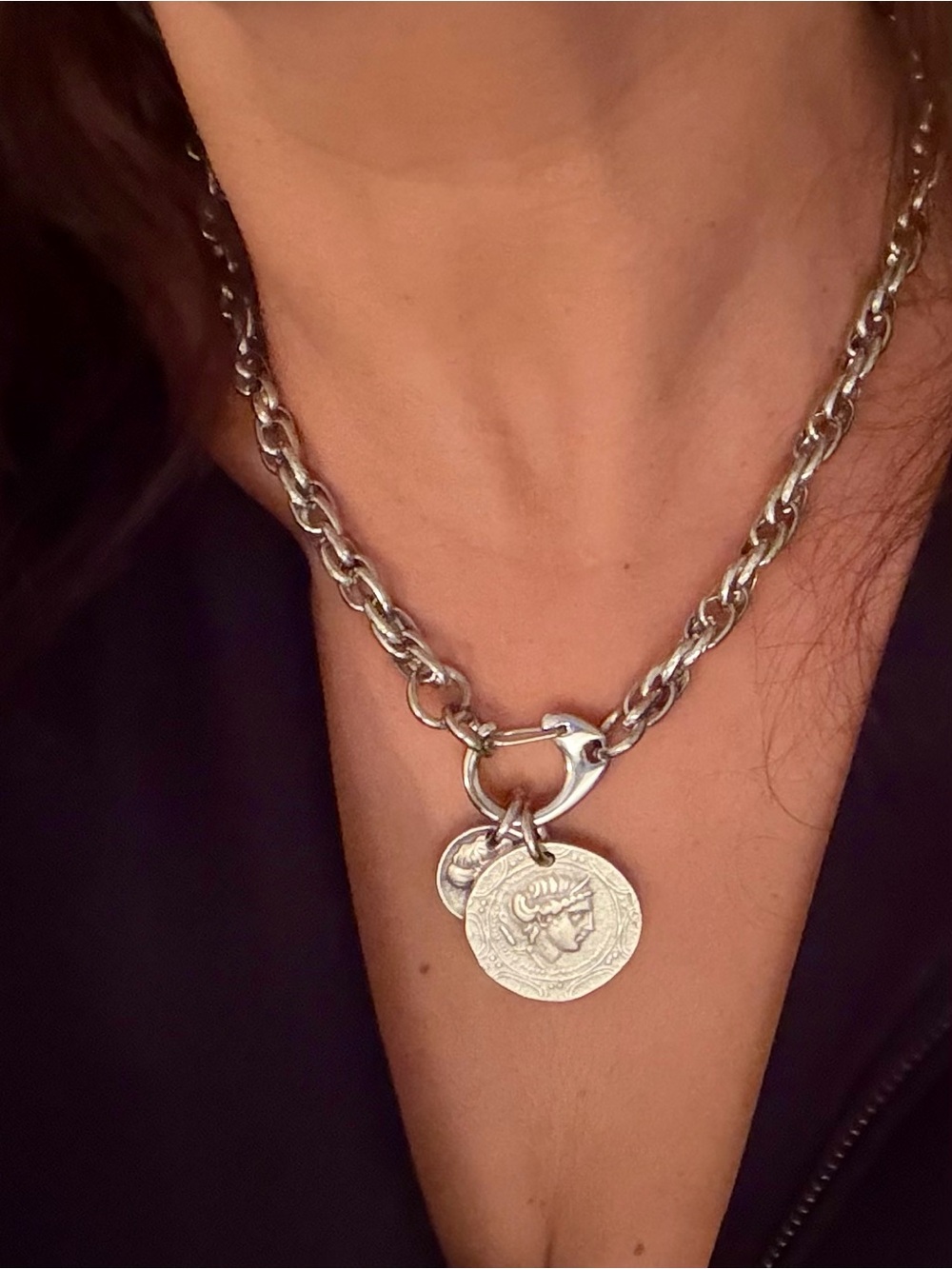 Coin pendant stainless steel chain necklace with strong D clasp